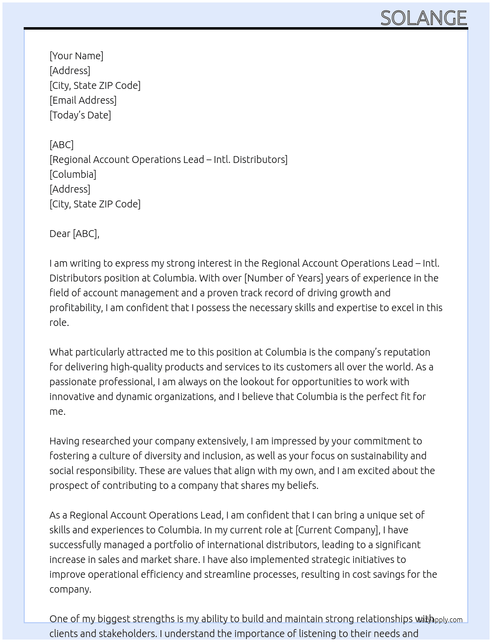 Regional Account Operations Lead - Intl. Distributors At Columbia Cover Letter