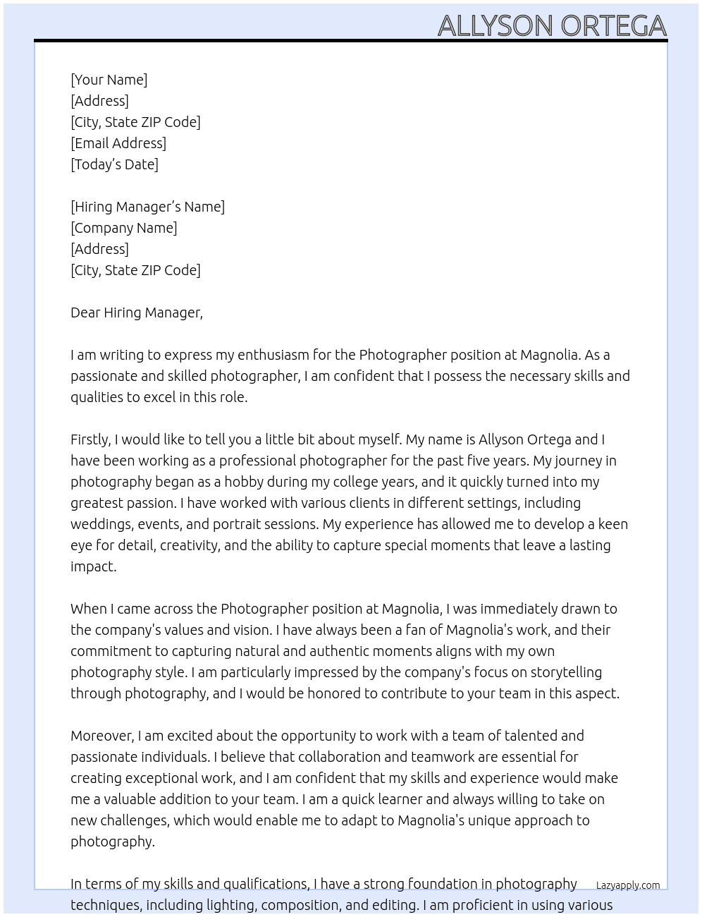 Photographer  At Magnolia Cover Letter