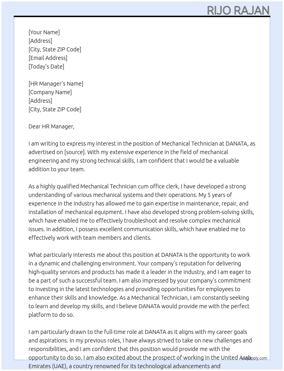 Mechanical Technician  At DANATA Cover Letter