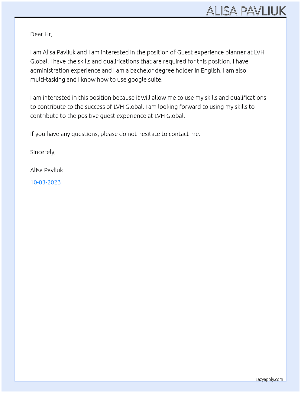 Guest experience planner At LVH Global Cover Letter