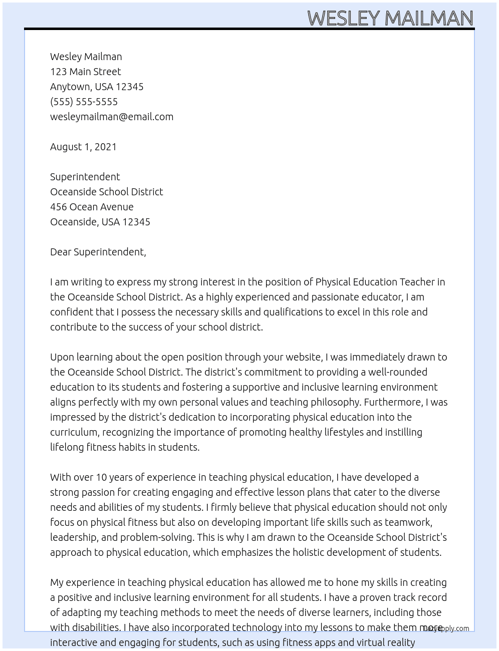 Physical Education Teacher At Oceanside School District Cover Letter