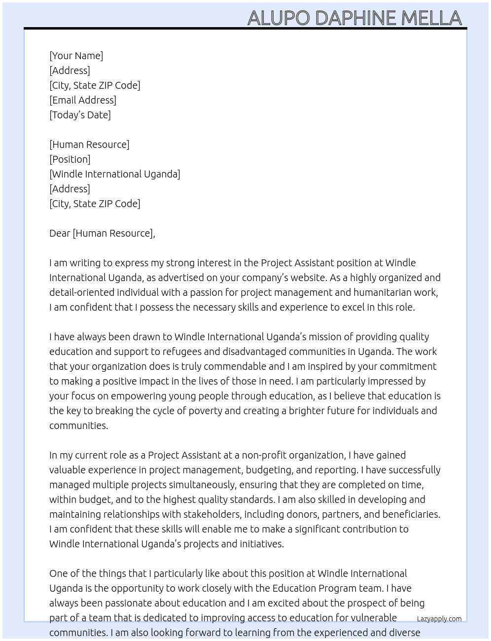 Project Assistant  At Windle International Uganda Cover Letter