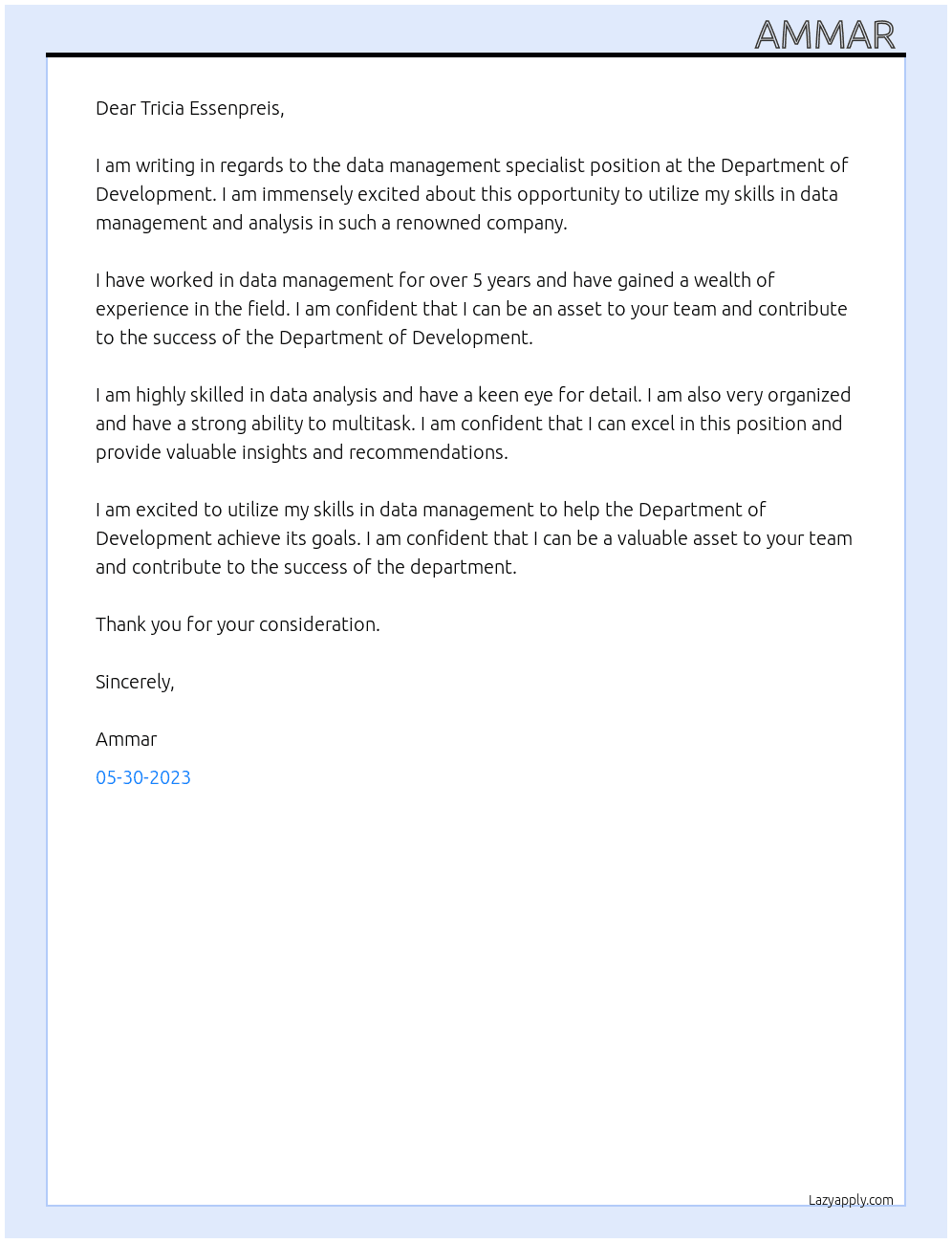 Data management specialist At Department of development Cover Letter