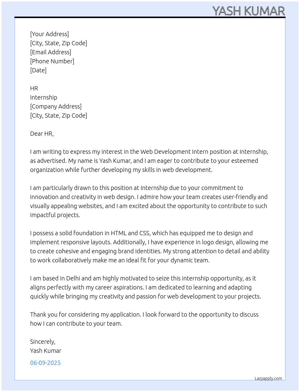 Cover letter for web development intern - LazyApply