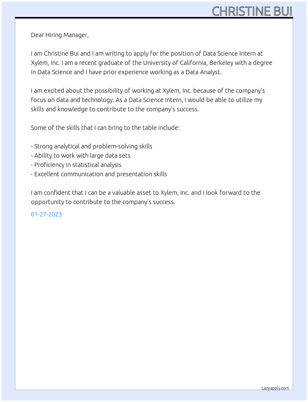 Data Science Intern At Xylem, Inc. Cover Letter
