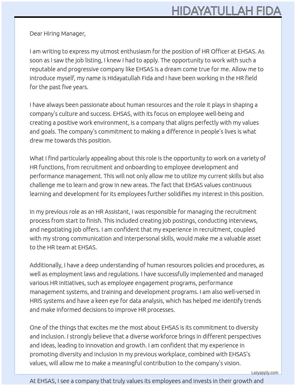 HR Officer At EHSAS Cover Letter