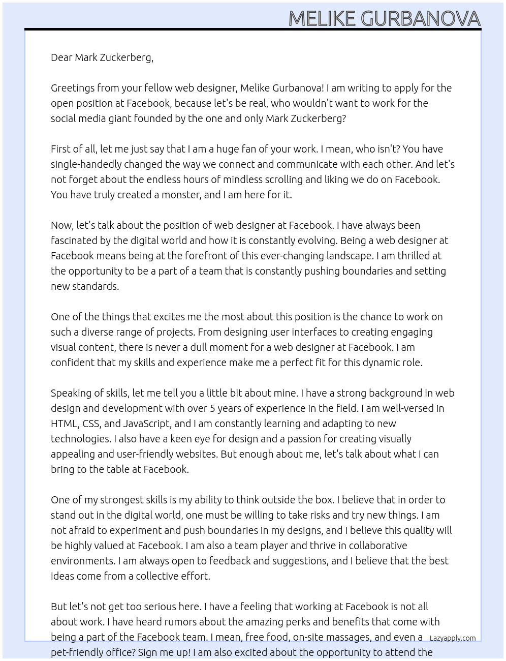 Web Designer At Facebook Cover Letter