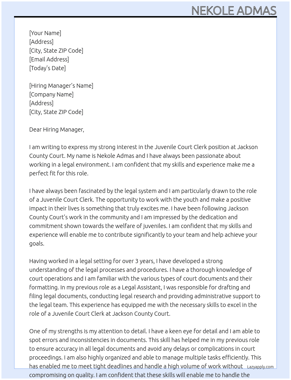 Juvenile Court Clerk At Jackson County Court Cover Letter