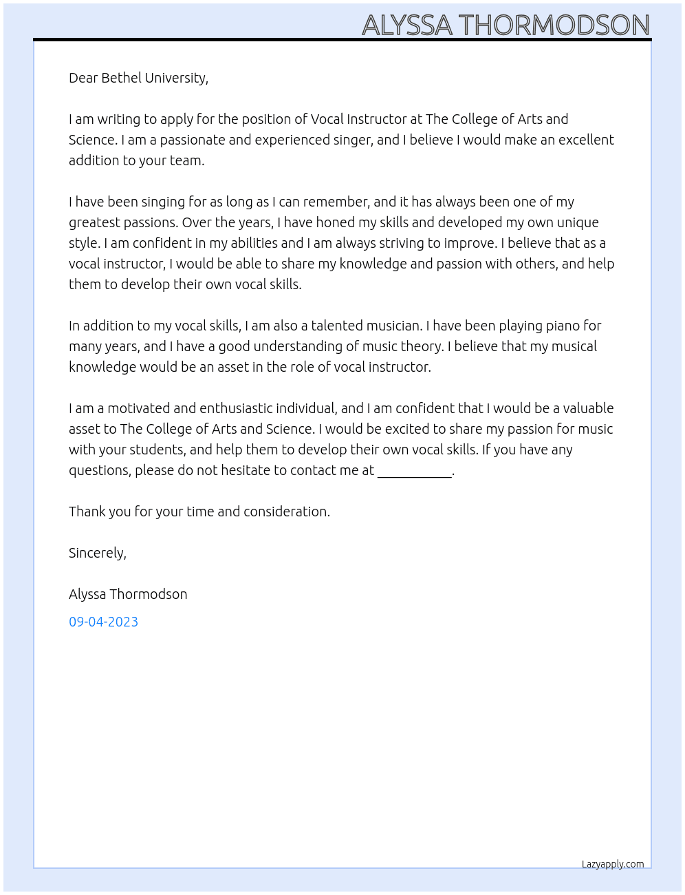 Vocal Instructor At Bethel University Cover Letter