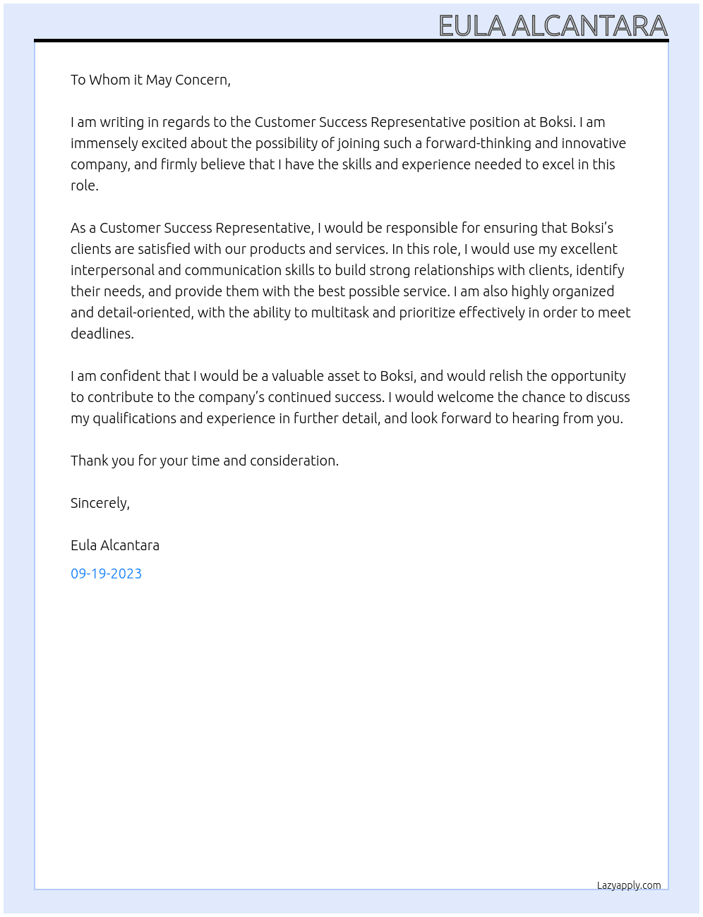 Customer Success Representative At Boksi Cover Letter