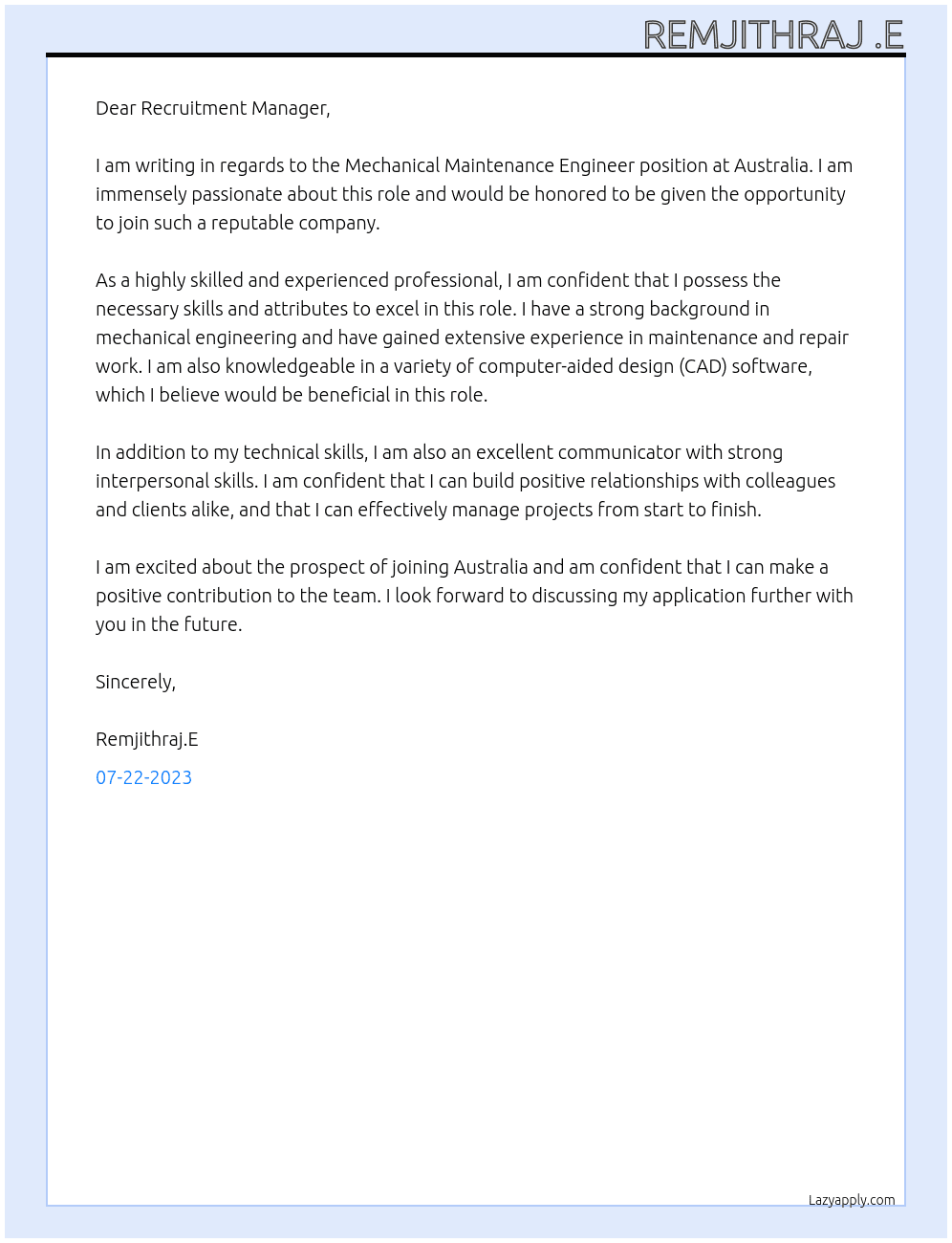 Mechanical maintenance engineer At Australia Cover Letter