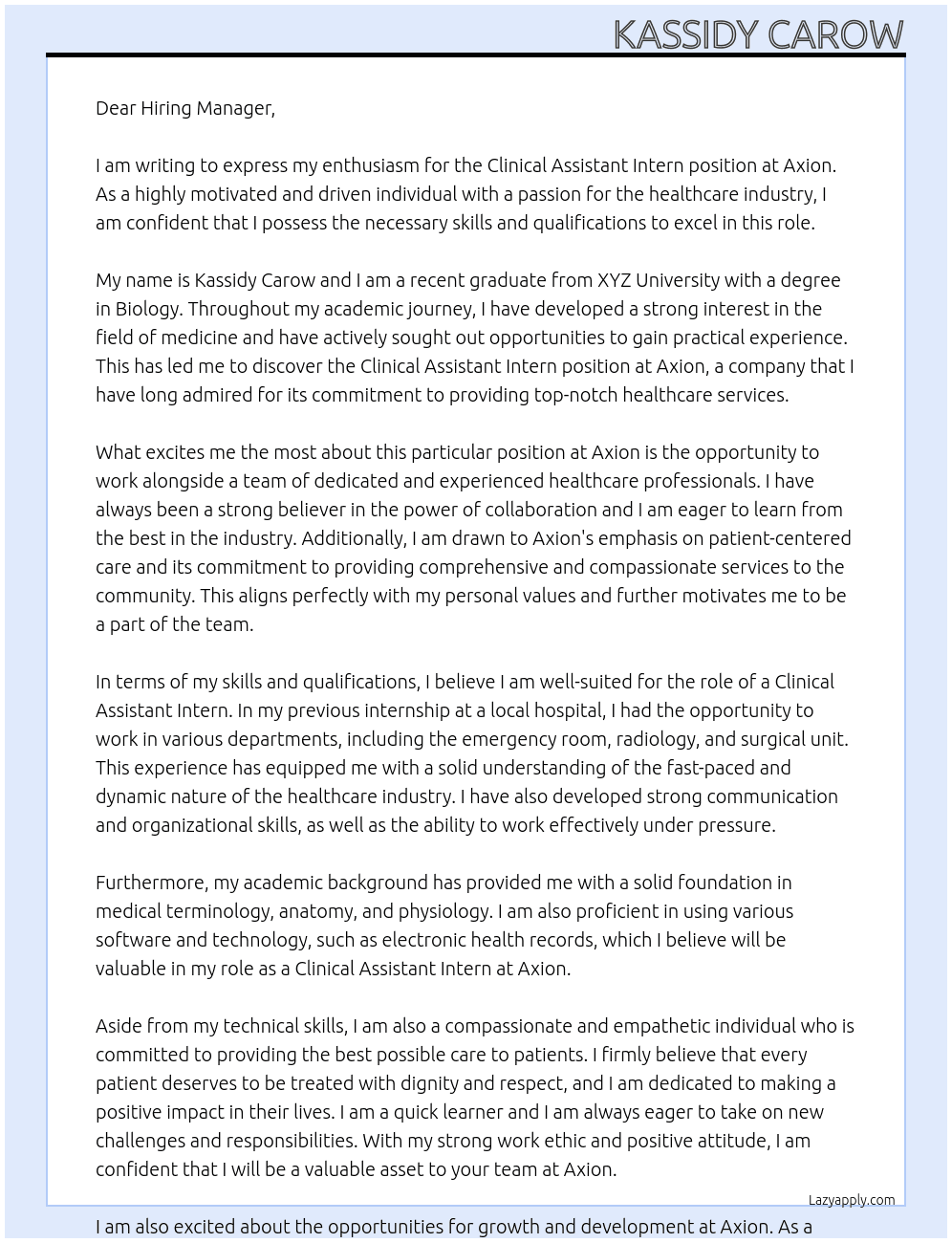 Clinical assistant intern  At Axion Cover Letter