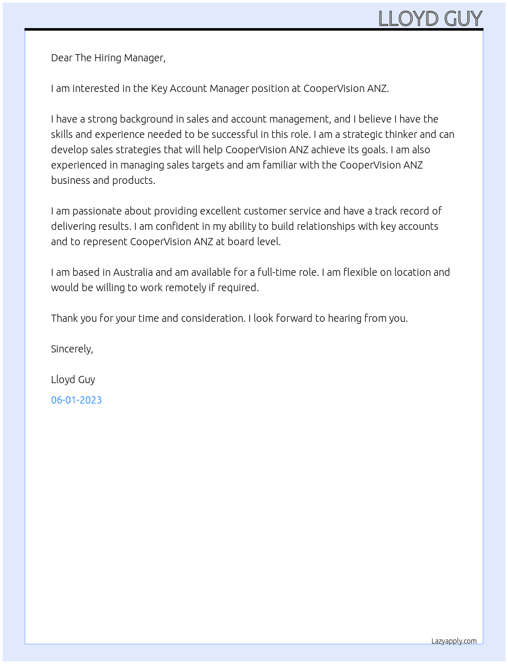 Key Account Manager At CooperVision ANZ Cover Letter