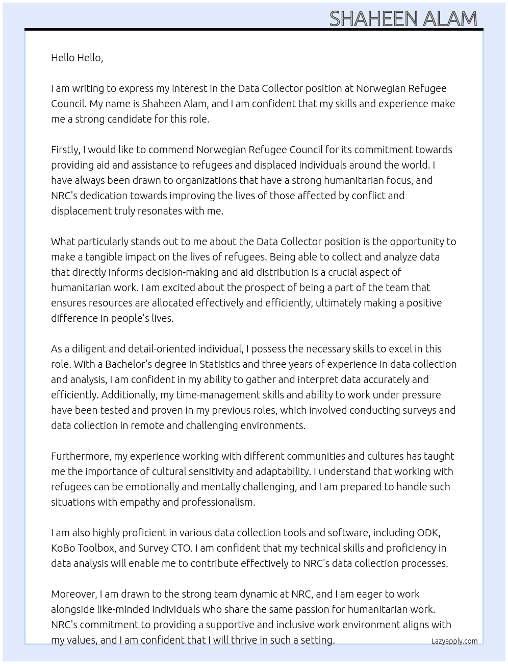 Data Collector  At Norwegian Refugee Council  Cover Letter