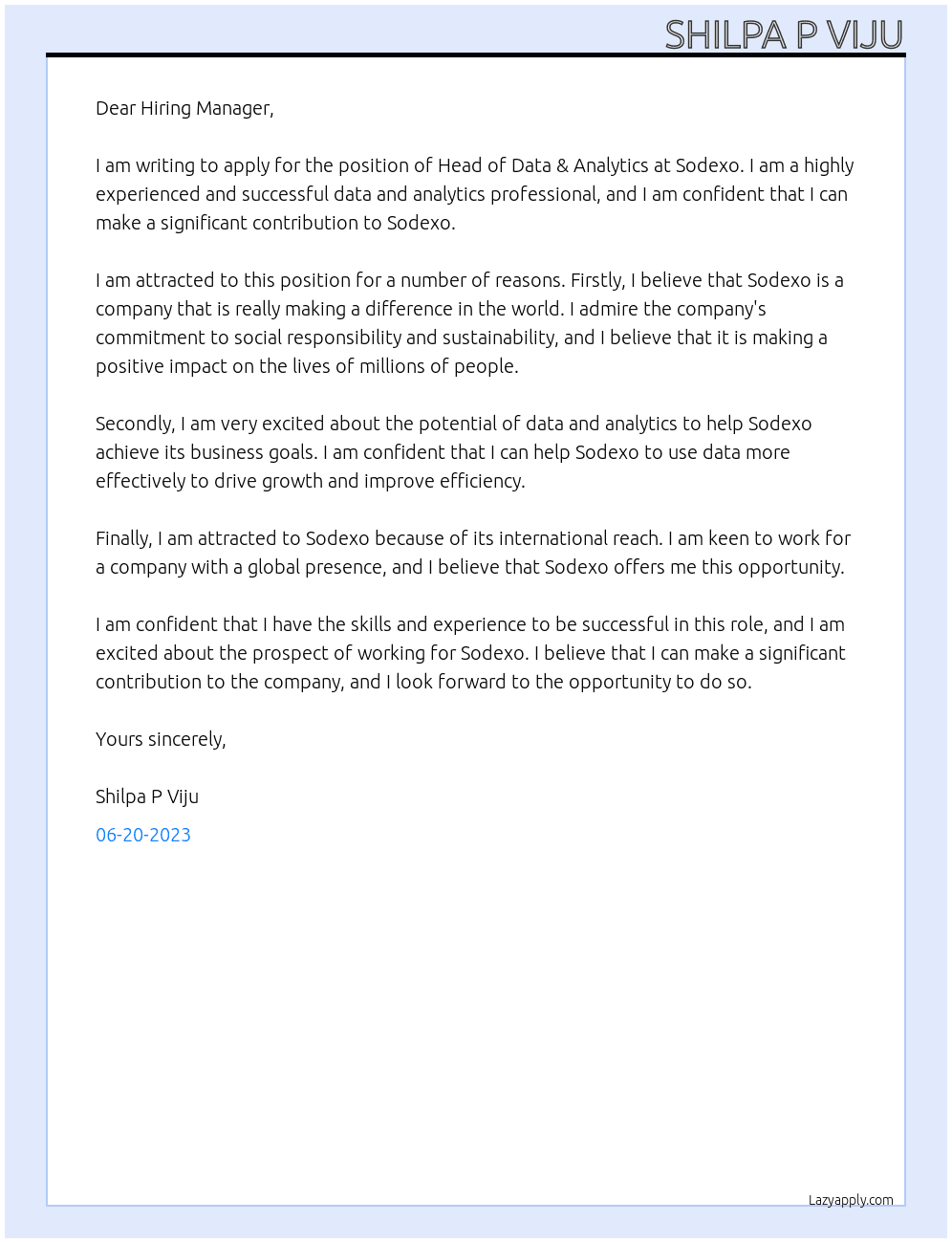 Head of Data & Analytics At Sodexo Cover Letter