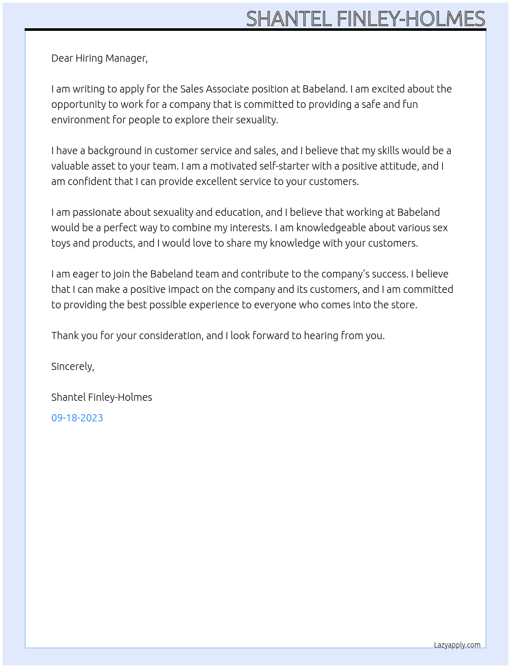 Sales associate At Babeland Cover Letter