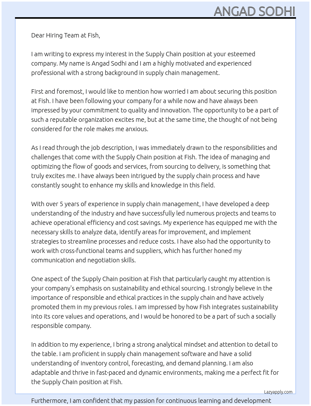 Supply Chain At Fish Cover Letter