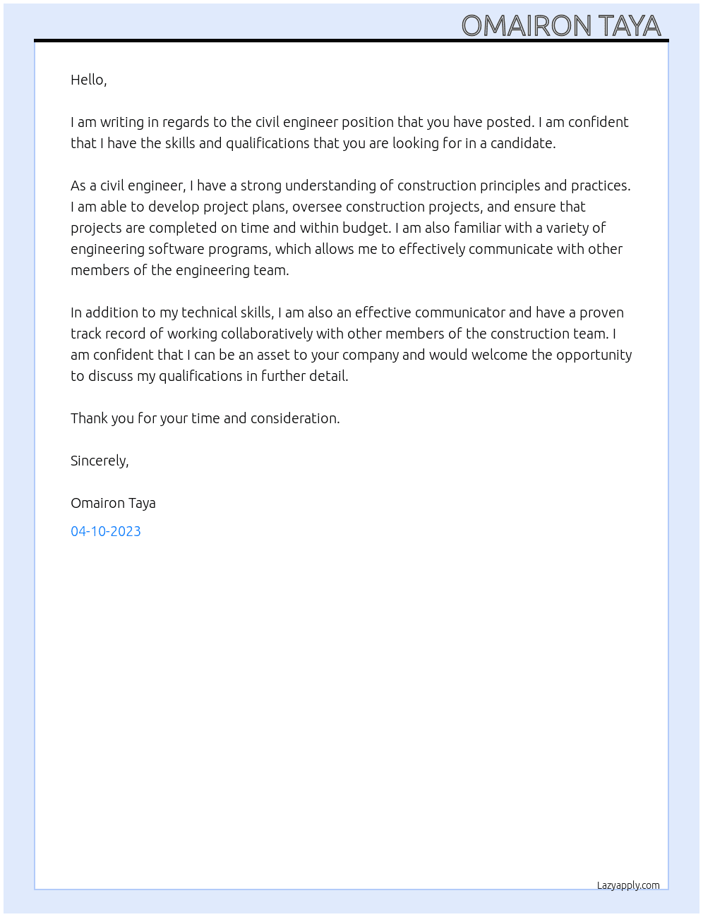 Civil engineer  At Engineer  Cover Letter