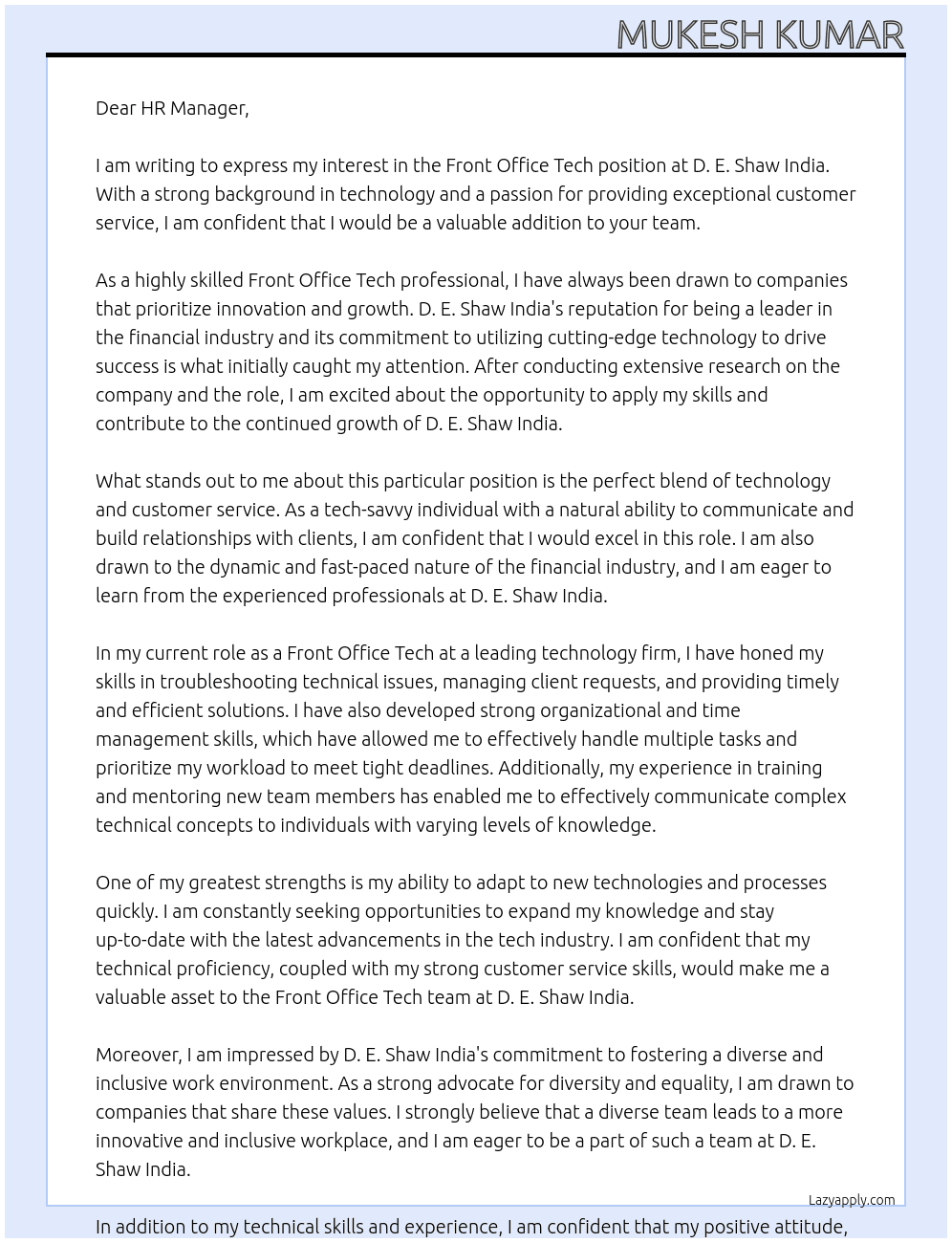 Front Office Tech At D. E. Shaw India Cover Letter