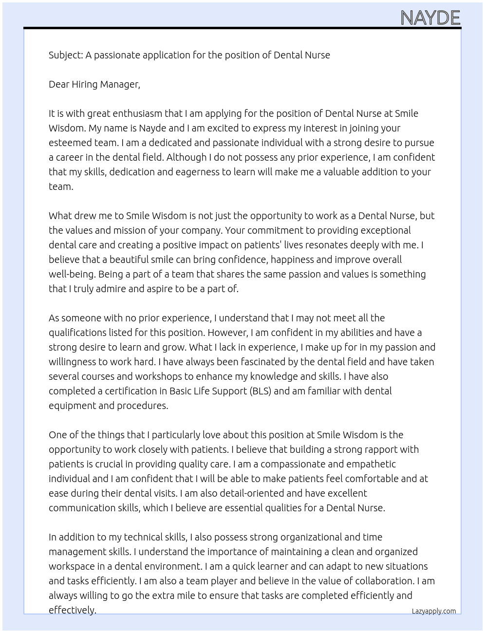 Dental Nurse At Smile widsom Cover Letter