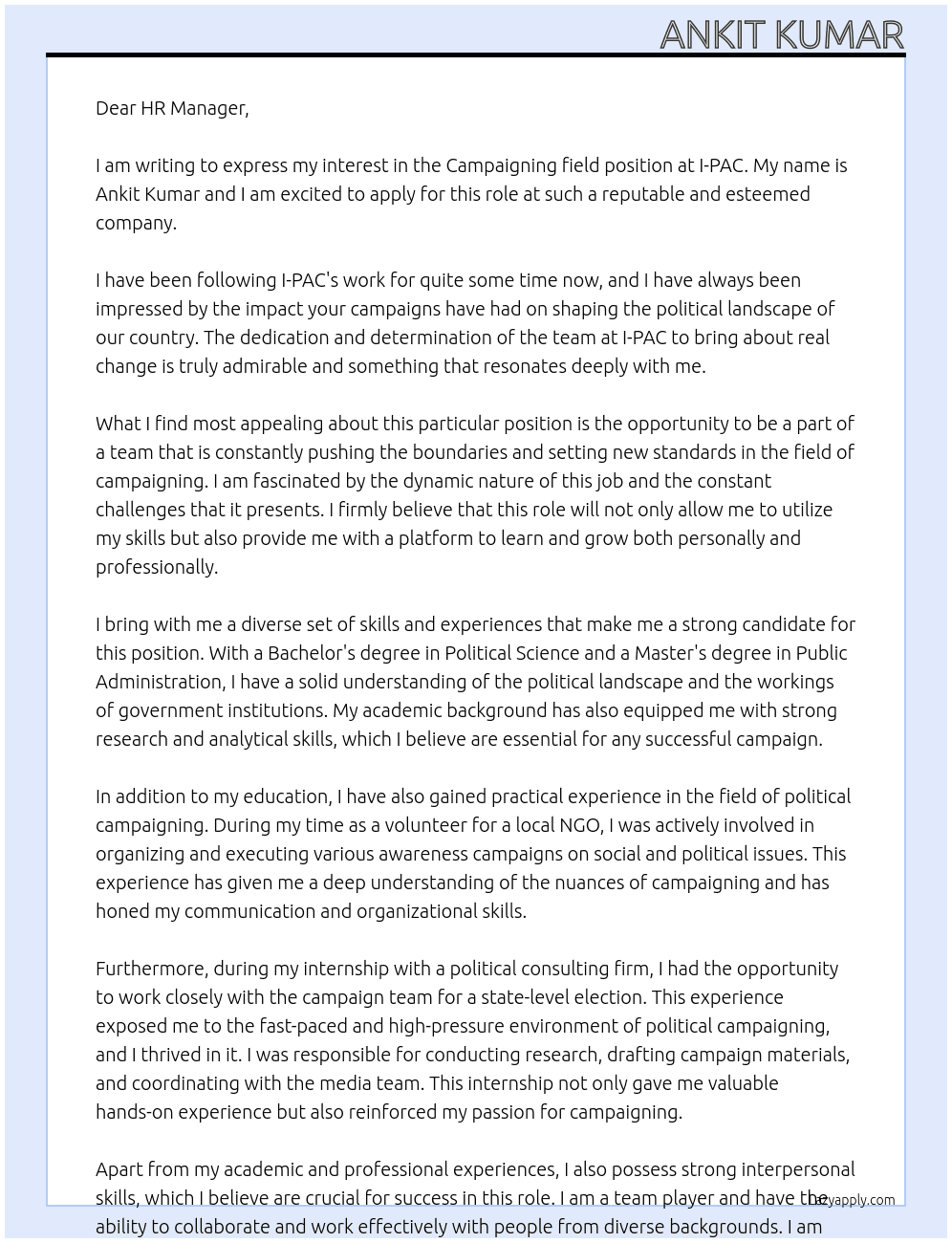 Campaigning field At I-PAC Cover Letter
