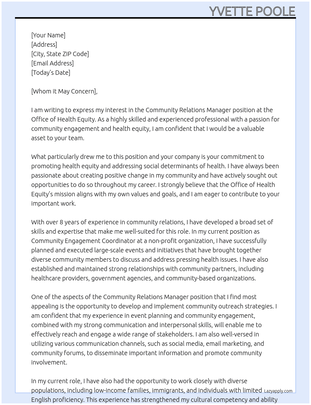 Community Relations Manager At Office of Health Equity Cover Letter