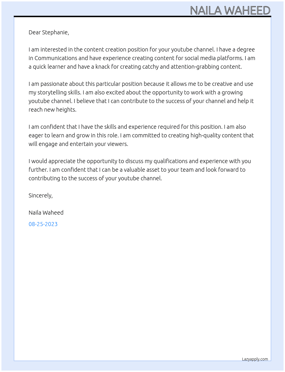 Content creation  At For youtube channel Cover Letter