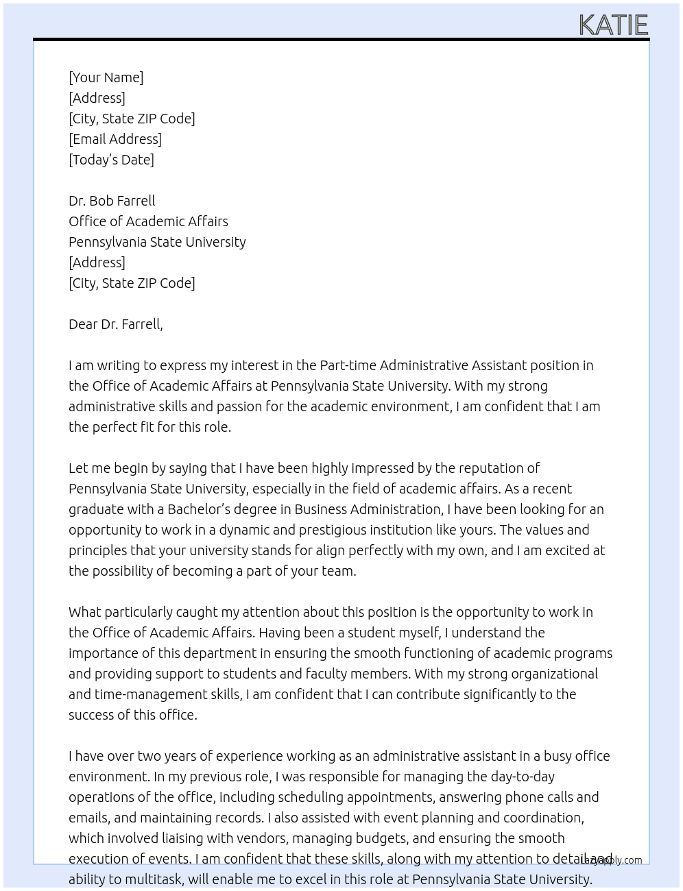 Part-time administrative assistant office of academic affairs At Pennsylvania State University Cover Letter
