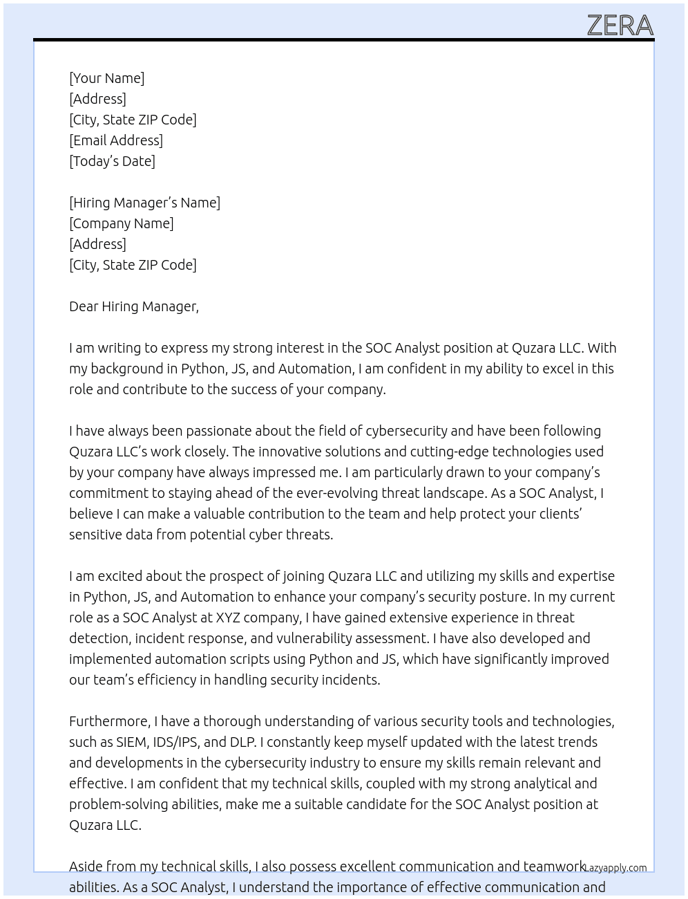 SOC Analyst At  Quzara LLC Cover Letter