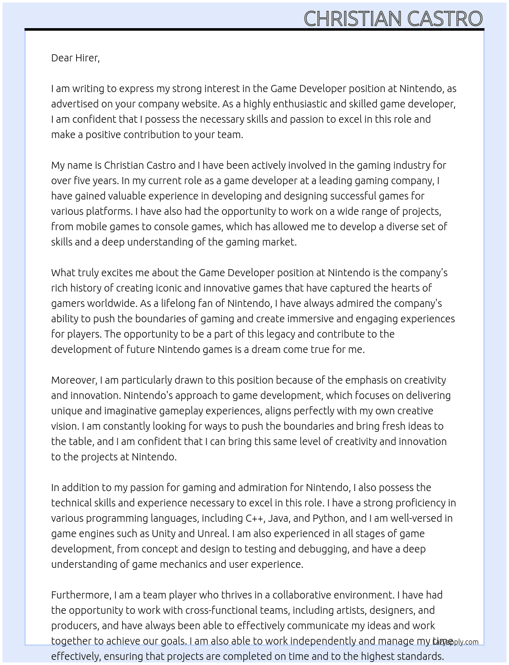 Game Developer At Nintendo  Cover Letter