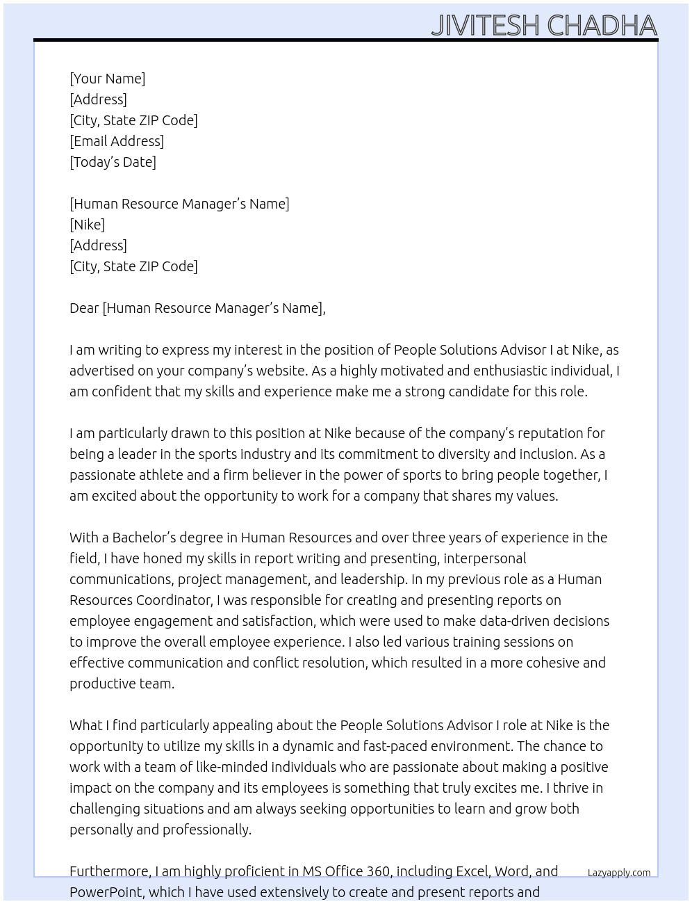 People Solutions Advisor I At Nike Cover Letter