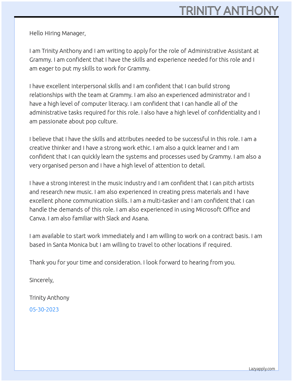 Administrative Assistant At Grammy Cover Letter