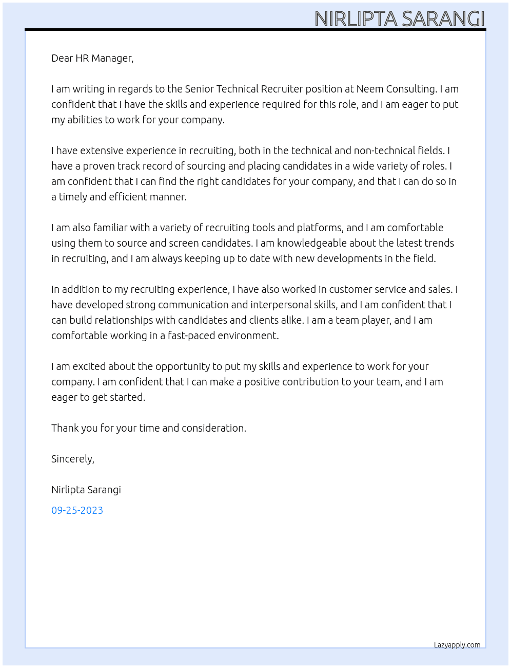 Senior technical Recruiter At Neem Consulting Cover Letter