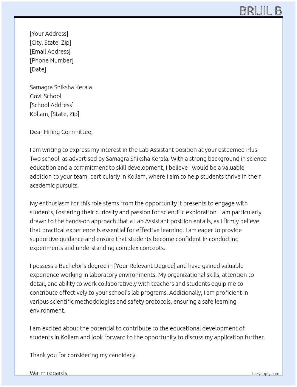Lab assistant in Plus two school At Govt school Cover Letter