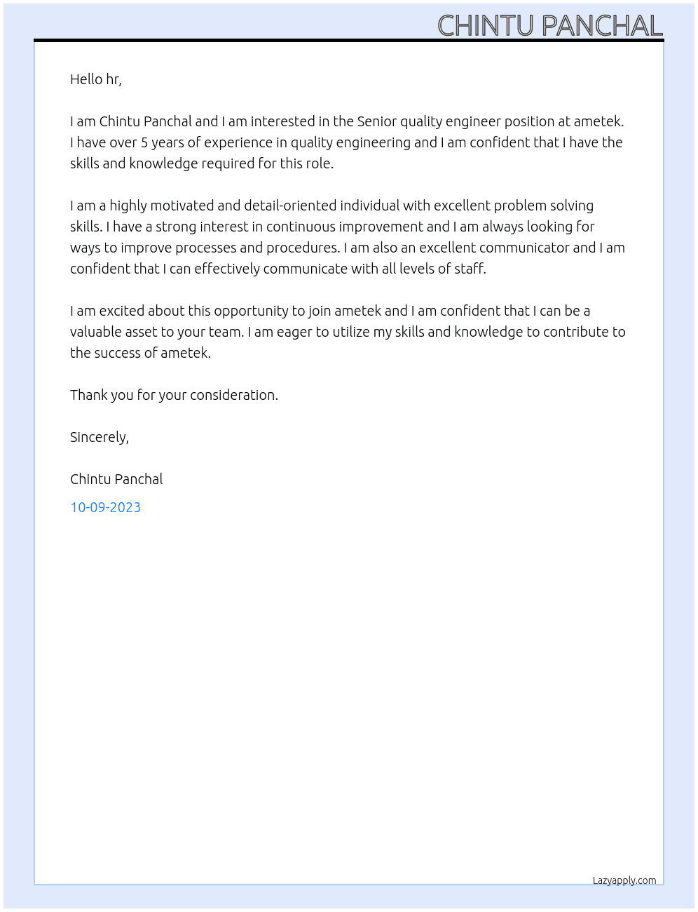 Senior quality engineer  At ametek Cover Letter