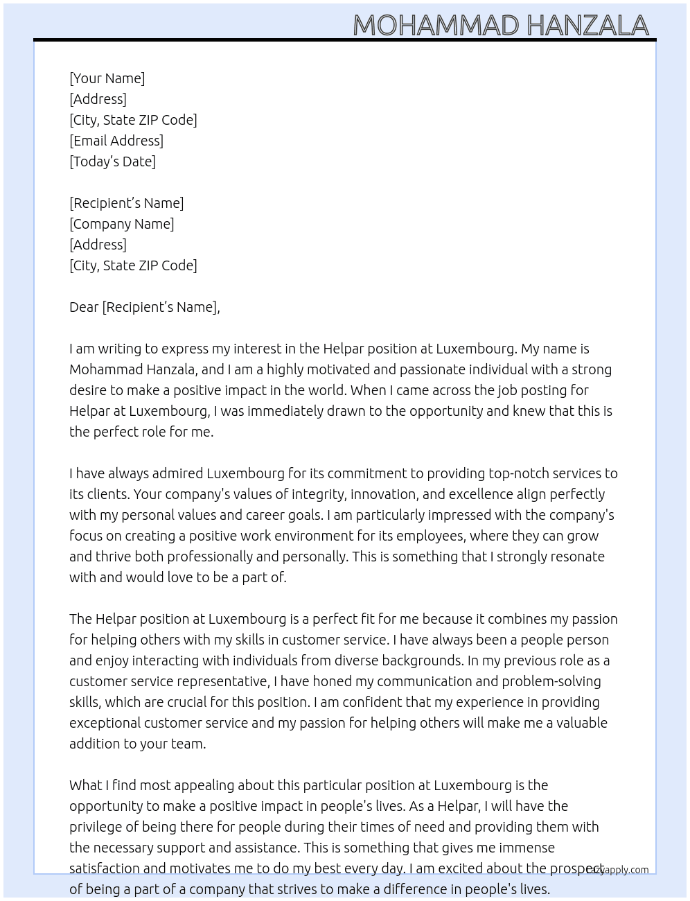 Helpar  At Luxembourg  Cover Letter