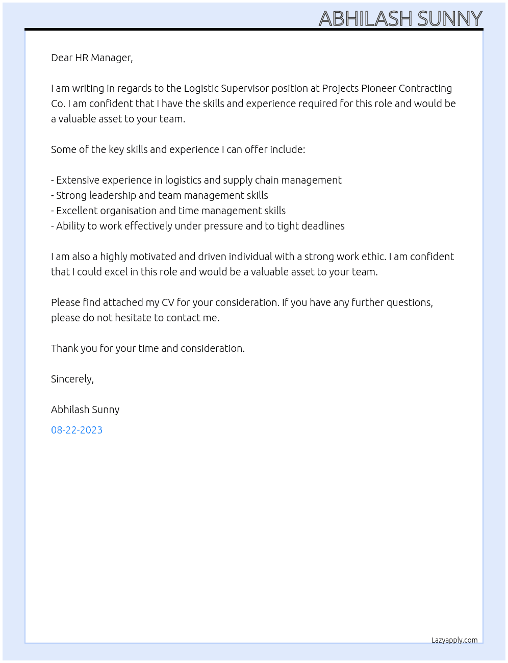  Logistic Supervisor At Projects Pioneer Contracting Co Cover Letter