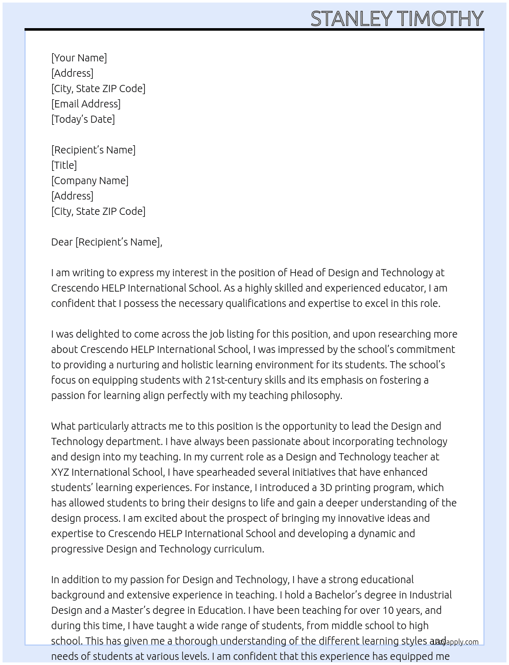 Head of Design and Technology At Crescendo HELP International School Cover Letter