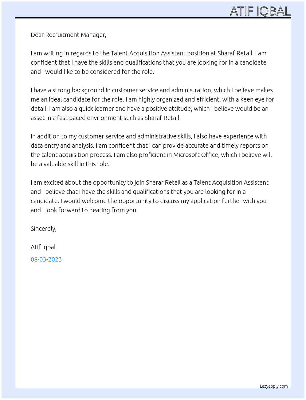 Talent Acquisition Assistant  At Sharaf Retail  Cover Letter