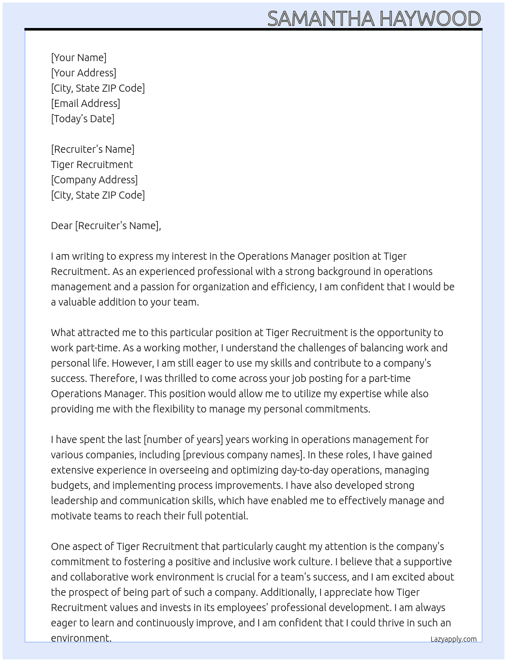 Operations Manager - part time At Tiger Recruitment Cover Letter