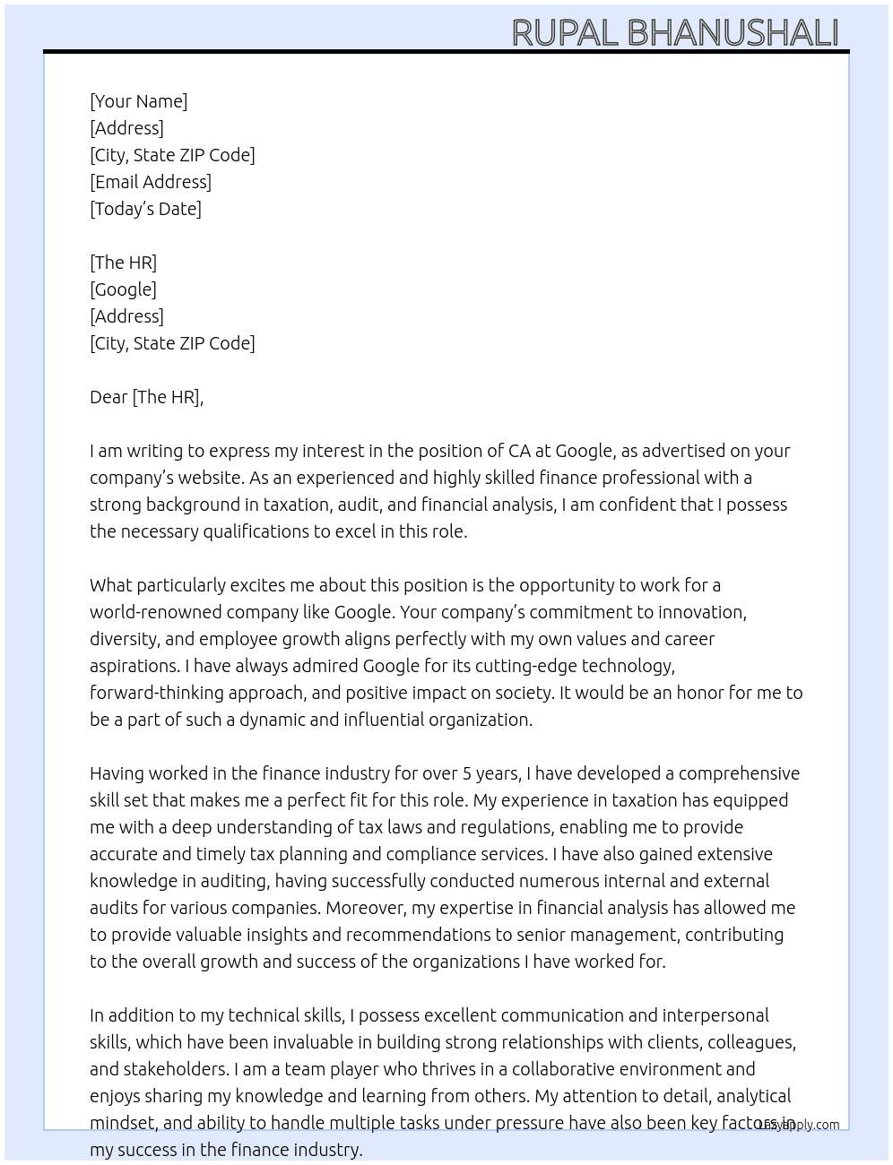 CA At Google  Cover Letter
