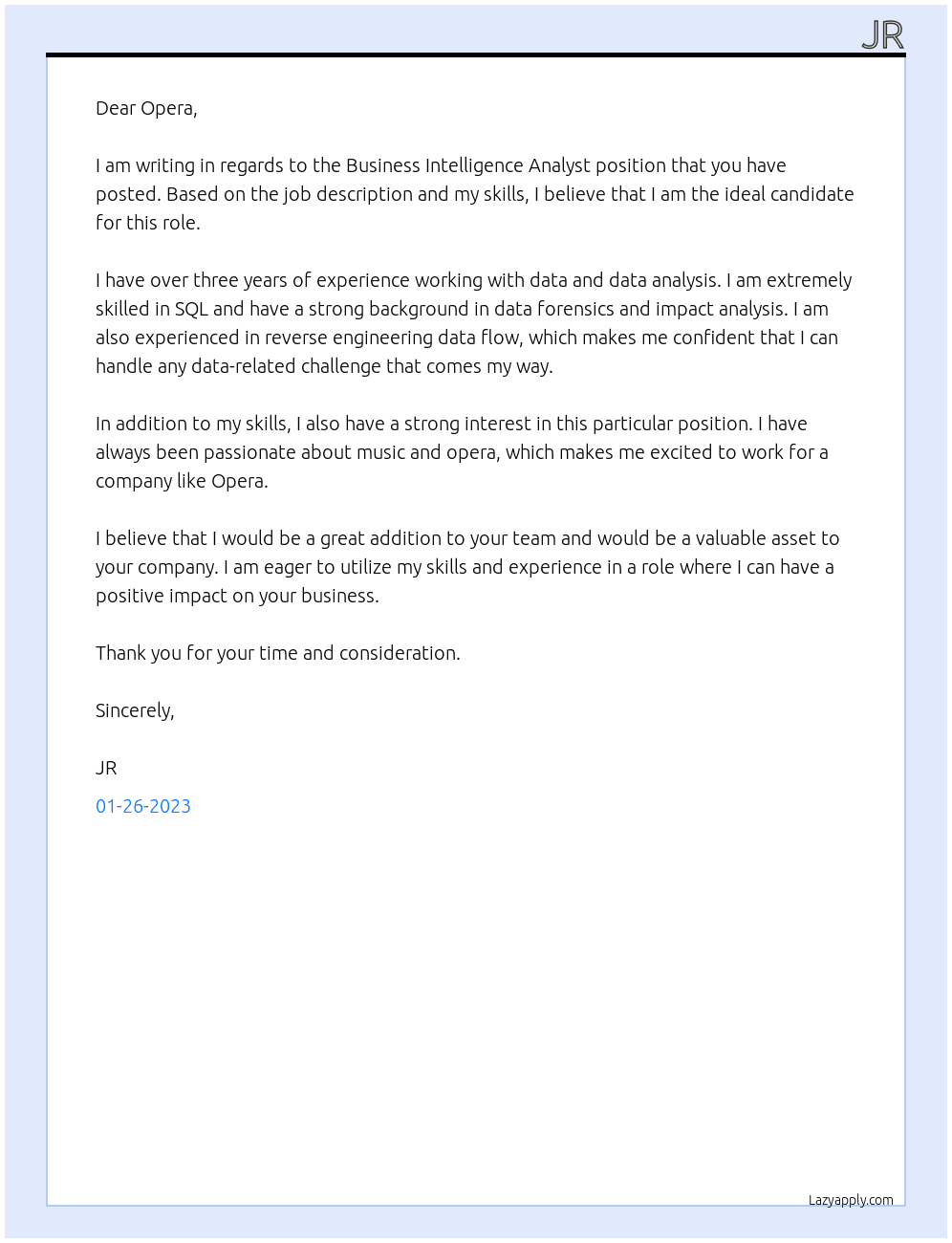 Business Intelligence Analyst At Opera Cover Letter
