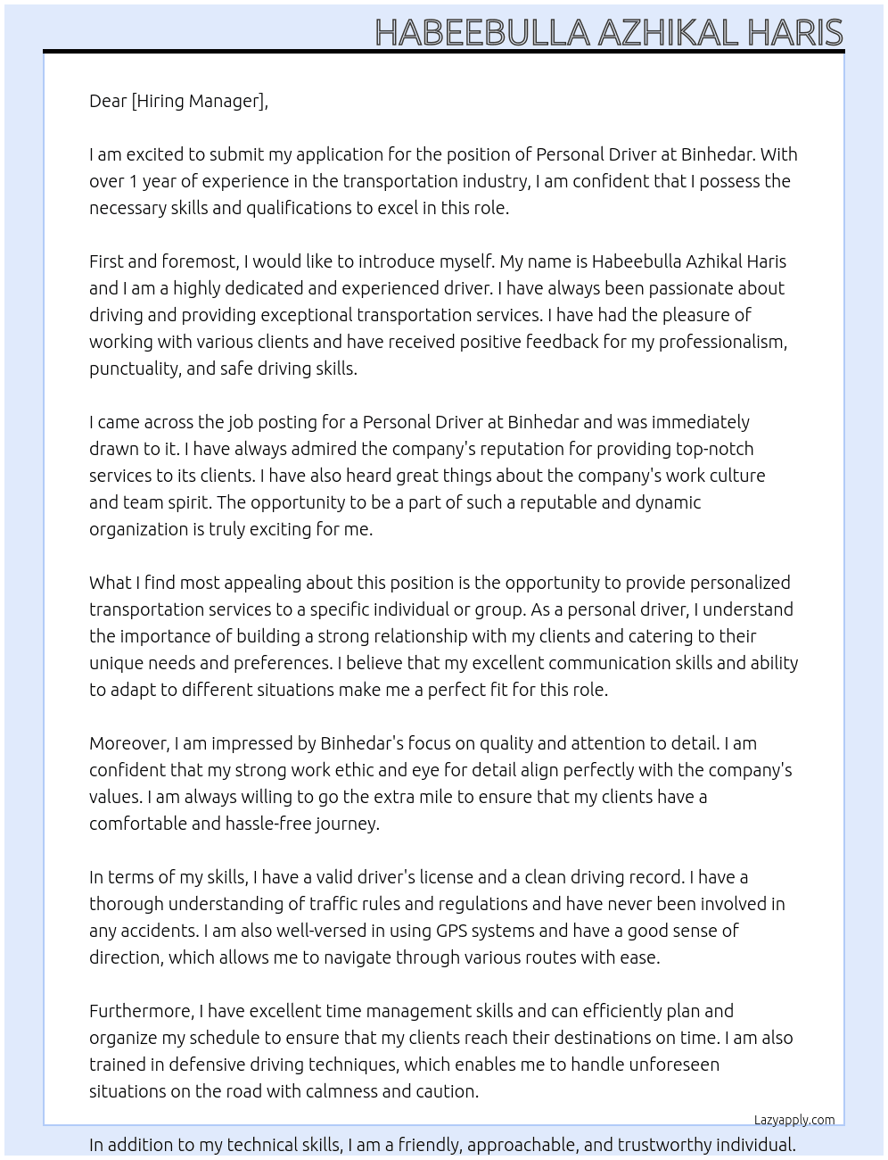 Personal driver At Binhedar Cover Letter