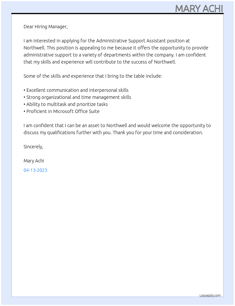 Administrative Support Assistant At Northwell Cover Letter