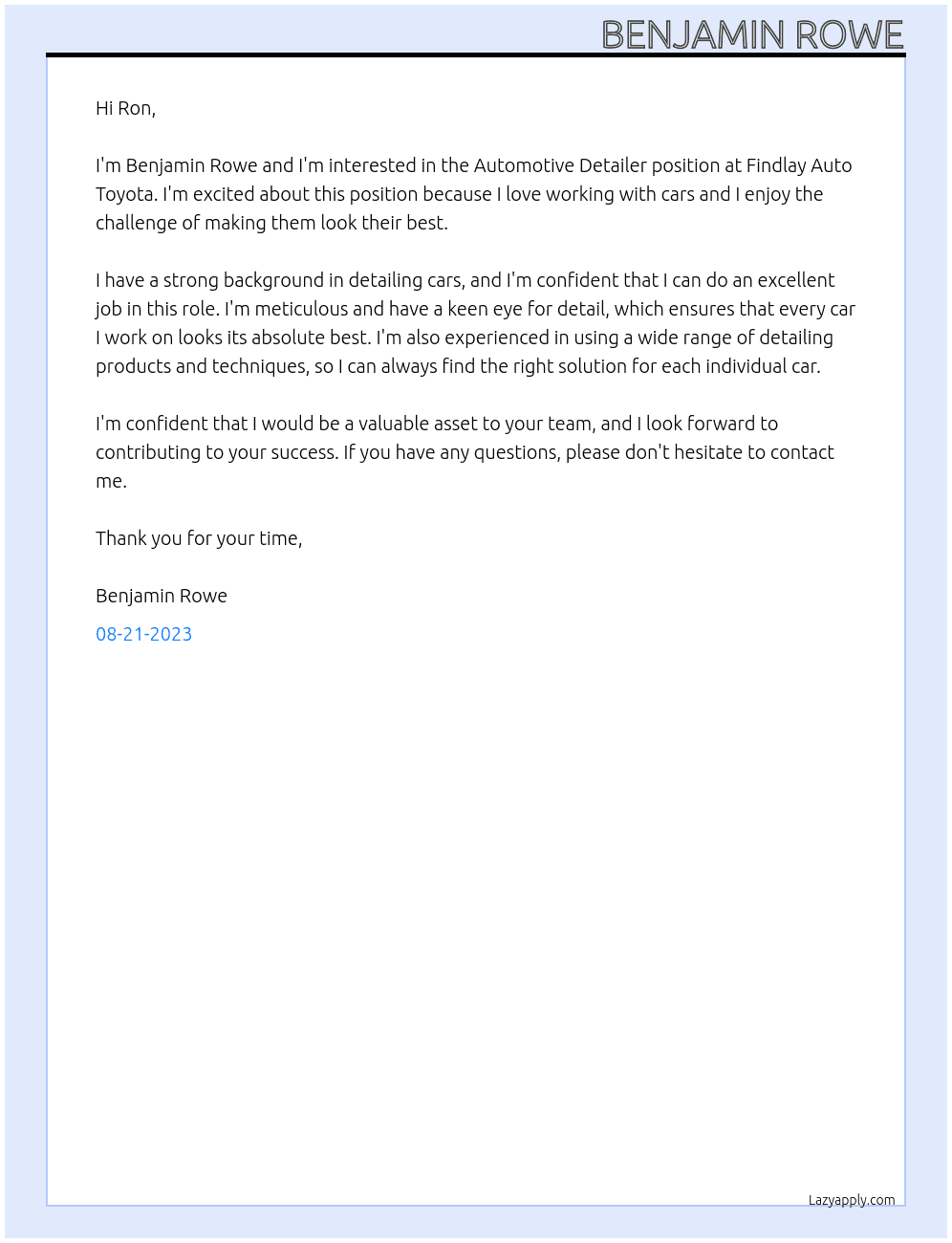 Automotive Detailer At Findlay Auto toyota Cover Letter