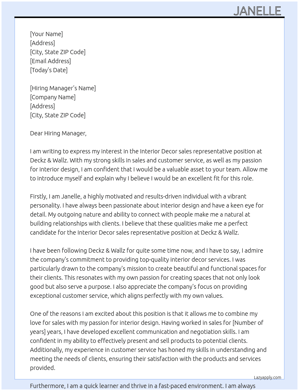 Interior Decor sales representative  At Deckz & Wallz Cover Letter