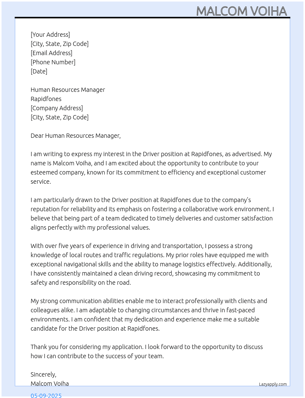 Driver position  At Rapidfones  Cover Letter