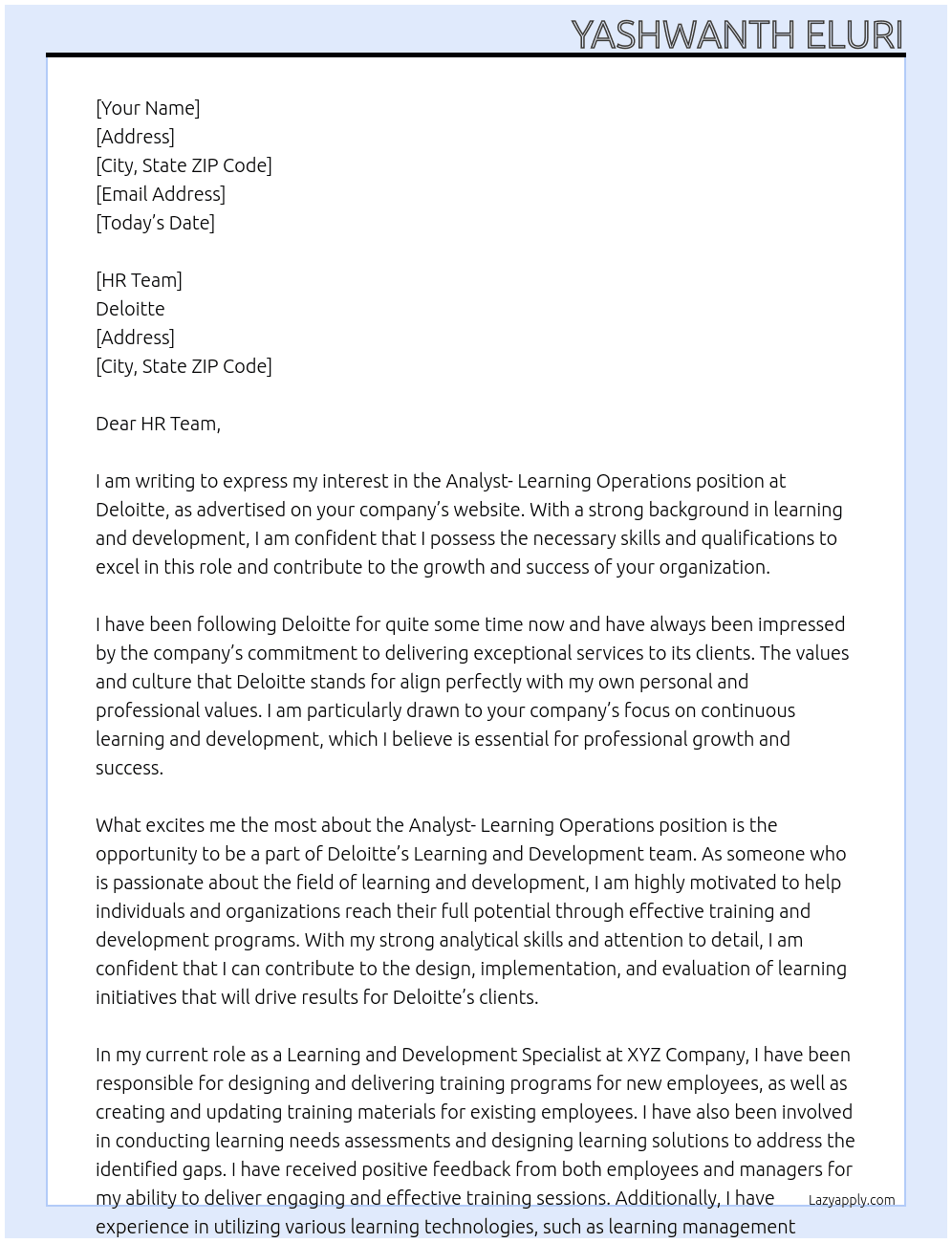 Analyst- Learning Operations At Deloitte Cover Letter