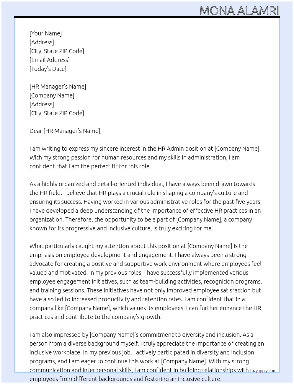 HR Admin  At COMPANY Cover Letter