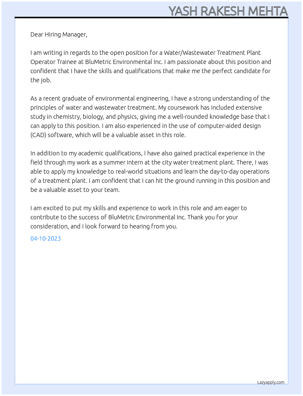 Water/Wastewater Treatment Plant Operator Trainee At BluMetric Environmental Inc. Cover Letter